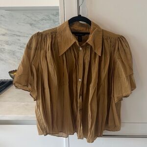 Banana Republic Tan Cotton Silk Puff Sleeve Blouse XXS Oversized Collar Pleate
